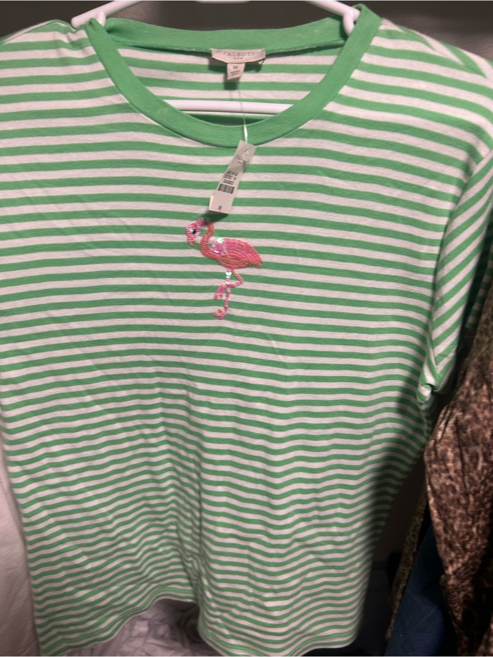 Talbots Green & White Striped Tee with Pink Sequin Flamingo